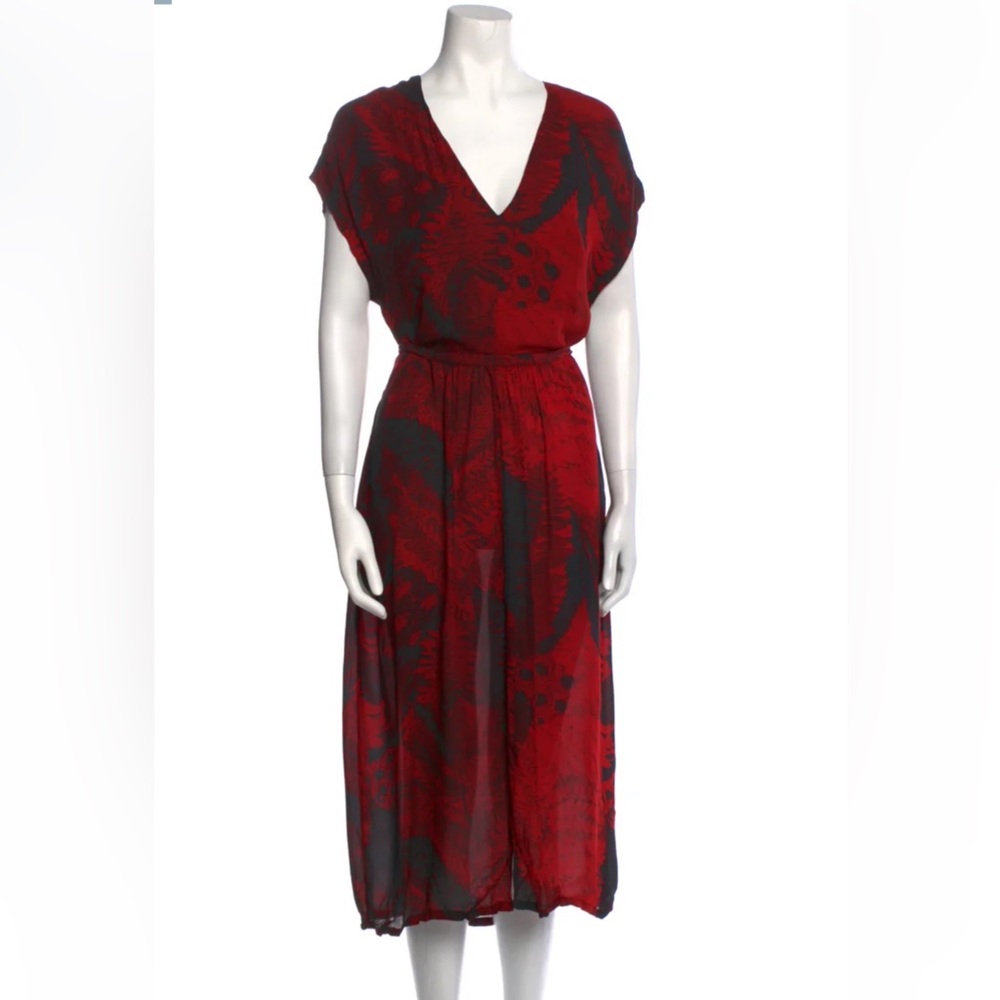 Raquel Allegra red and black silk printed wrap dress